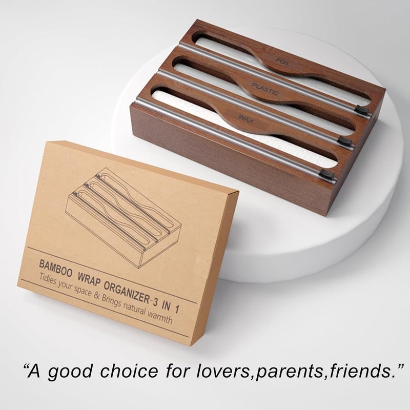 Danfoxer Wrap Dispenser with Cutter and Labels, Plastic Wrap Organizer For Kitchen,Bamboo 3-in-1 Wrap Dispensers for Cling Wrap Aluminum Foil and Wax,Storage Organization Holder（Brown） - Image 5